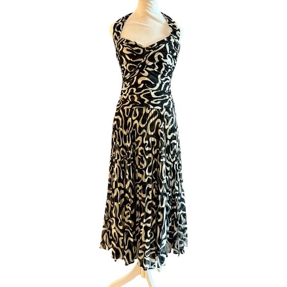 Vintage Escada Silk Halter Midi Dress Size 36 Us 6 Drop Waist Black White Gown - Picture 5 of 16